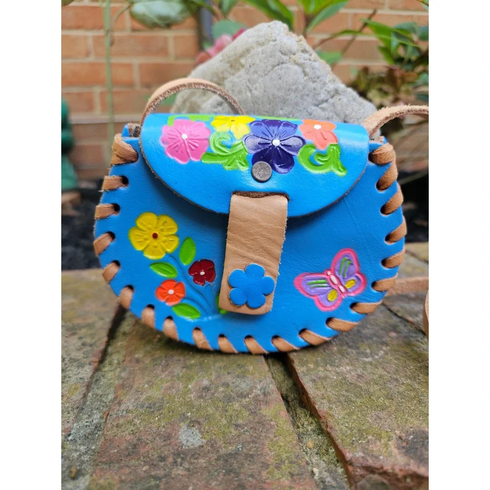 Beautiful Hand Tooled Floral Blue Leather  Mini Crossbody Childrens Satchel